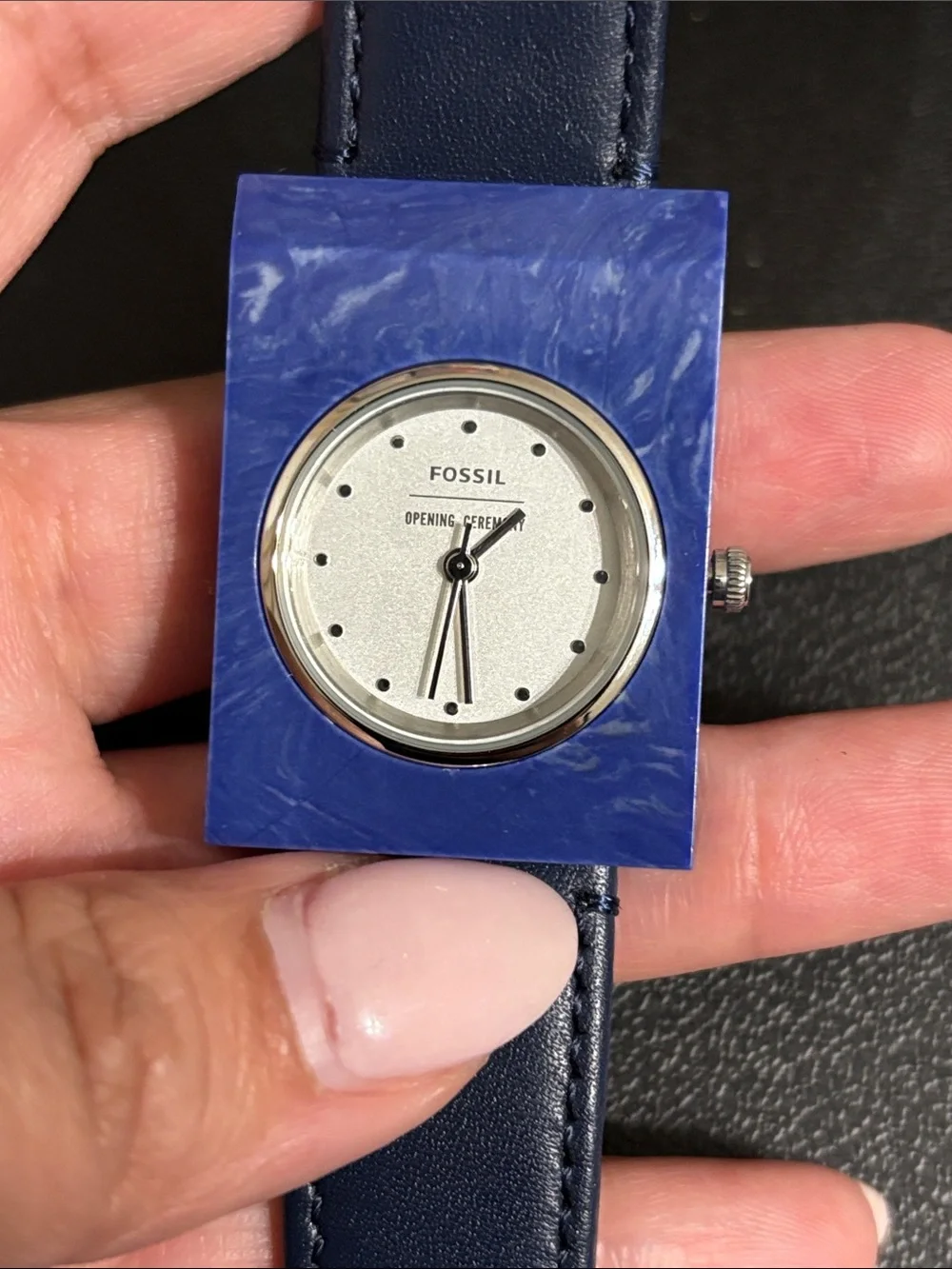 Fossil Blue Marble Rectangle Dial Navy Leather Watch